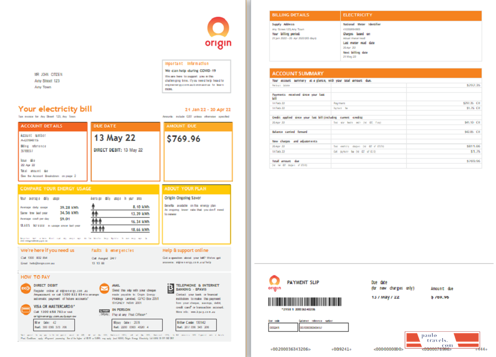 Origin utility bill template, in Word and PDF format, 4 pages